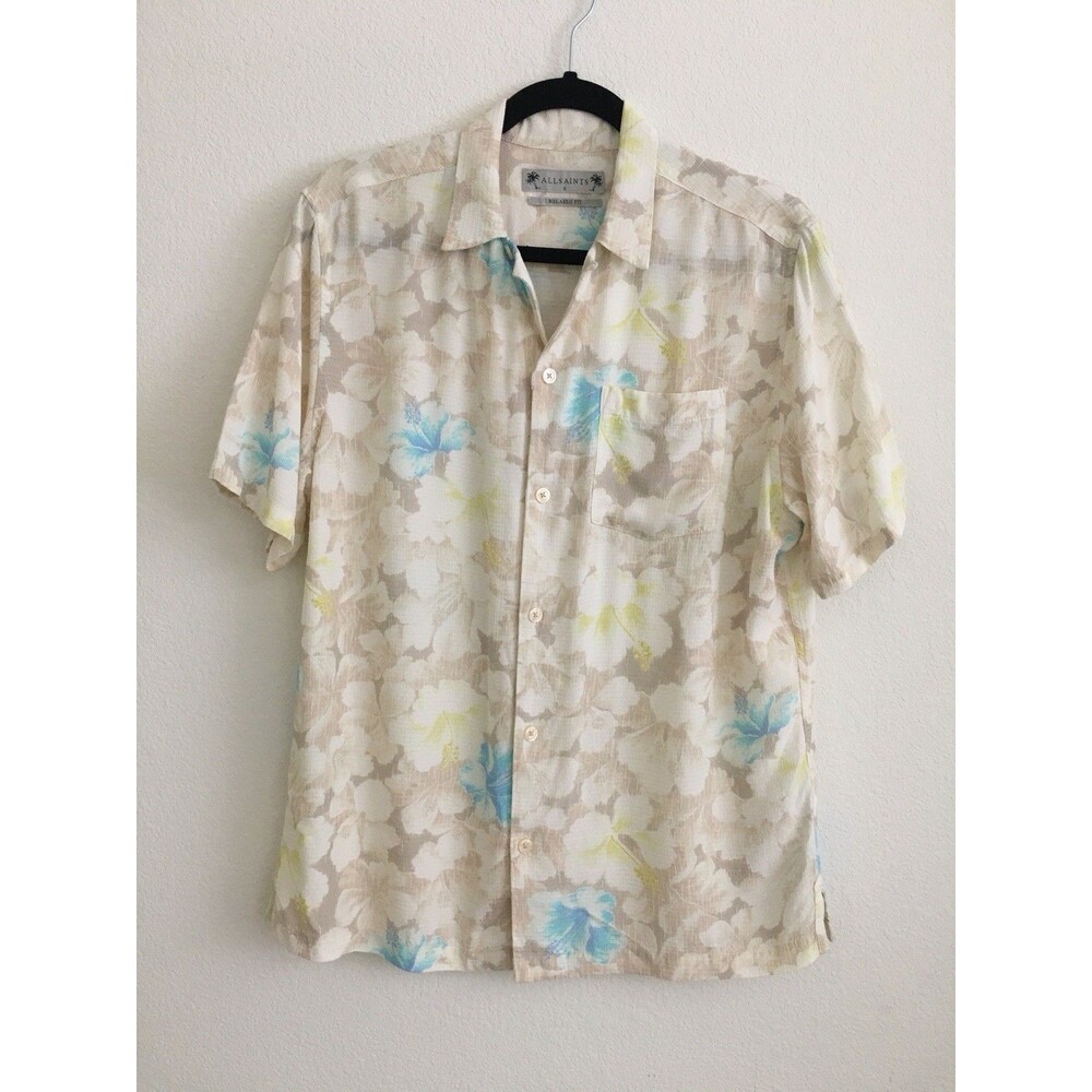 AllSaints Mens S Relaxed Fit Floral Hawaiian Camp Shirt ECOVERO  Beige Blue